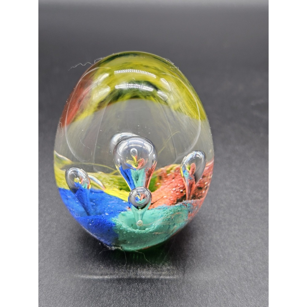 Vintage Art Glass Oval Shaped Paperweight Multicolor Bubbles